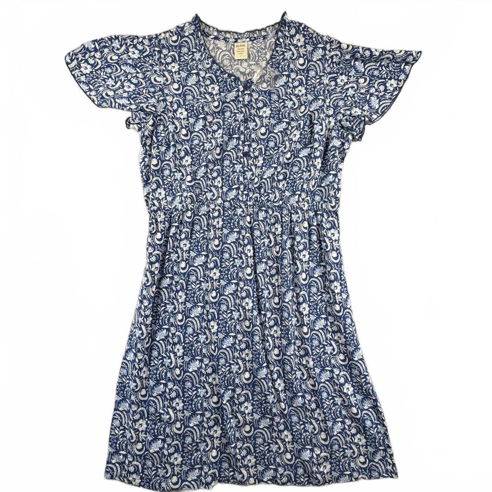 Blair Womens Cottagecore Floral Blue White Short Sleeve Dress Batwing Flair Sz L